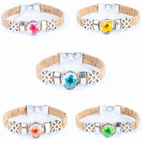 10mm flat cork wire and natural cork dried flower patch handmade ladies fashion bracelet BR-235-5 random
