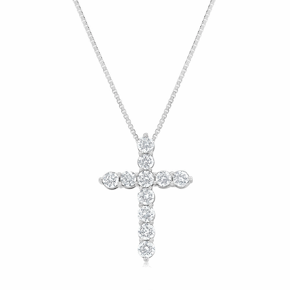 14ct White Gold 1.90 Carat Diamond Cross Pendant with Round Brilliant Cut Diamond on 45cm Chain