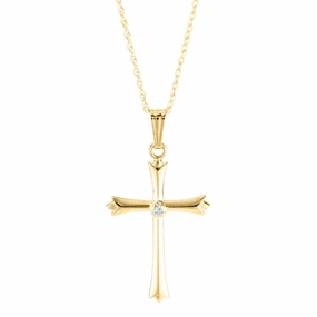 14k Gold Cross Pendant Necklace with Single Diamond