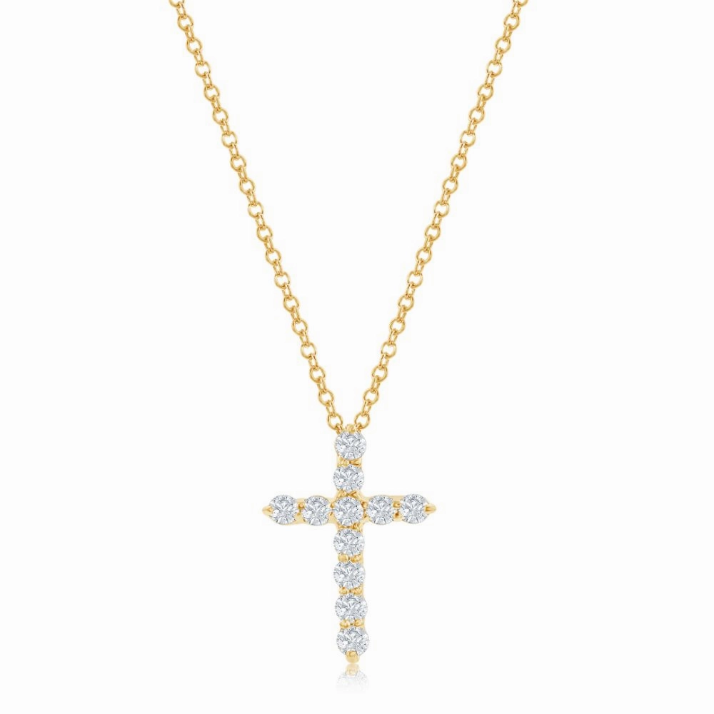 14k Yellow Gold Diamond Cross Pendant Shared Prong