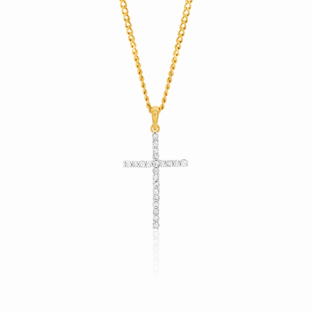 1/10 Carat Diamond Cross Pendant Set with 22 Brilliant Diamonds in 9ct Yellow Gold