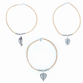 3 styles of handmade necklaces for women with natural cork cord and alloy hardware NE-1081-MIX-3