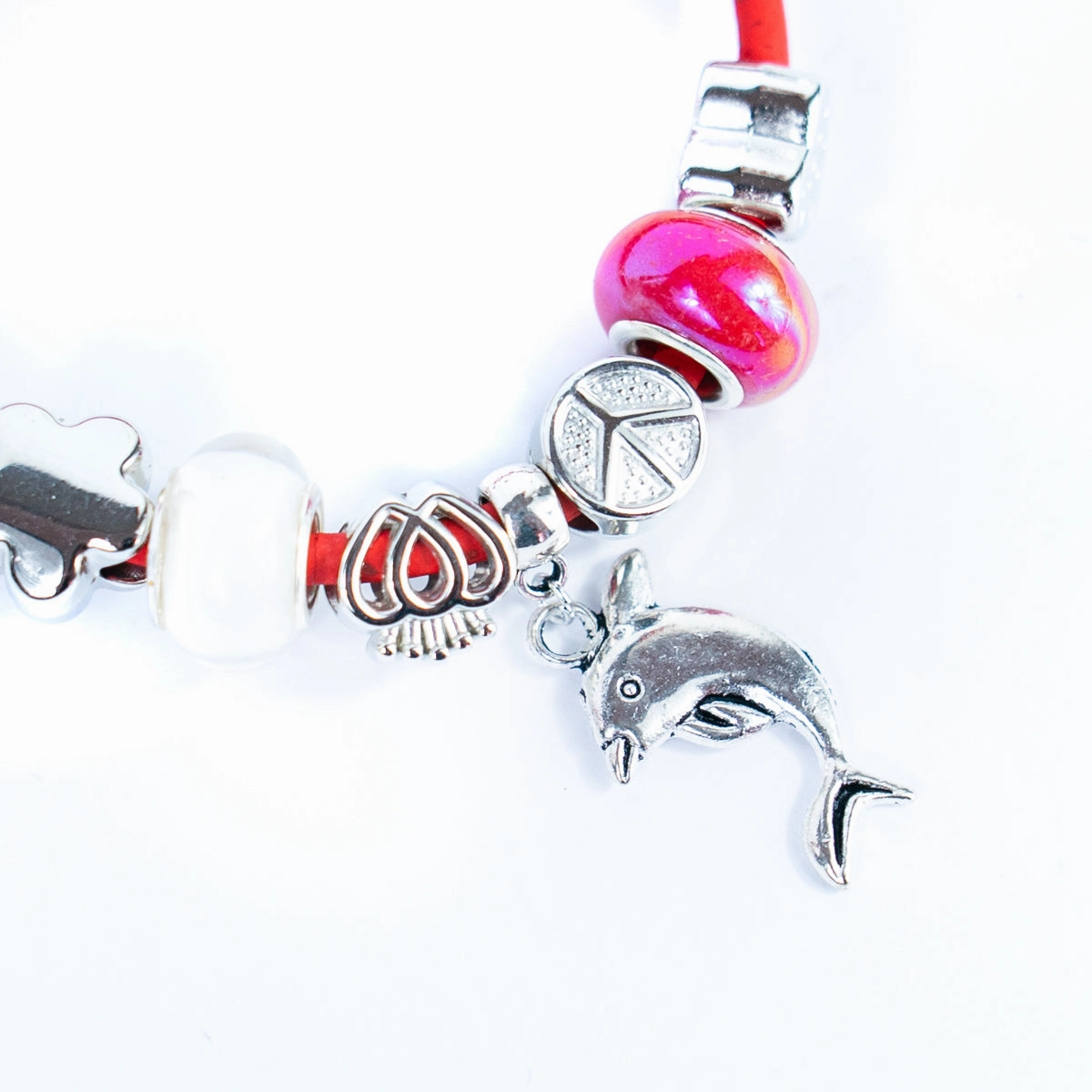 3mm round natural color cork wire and alloy dolphin pendant handmade women bracelet BR-439-MIX-6