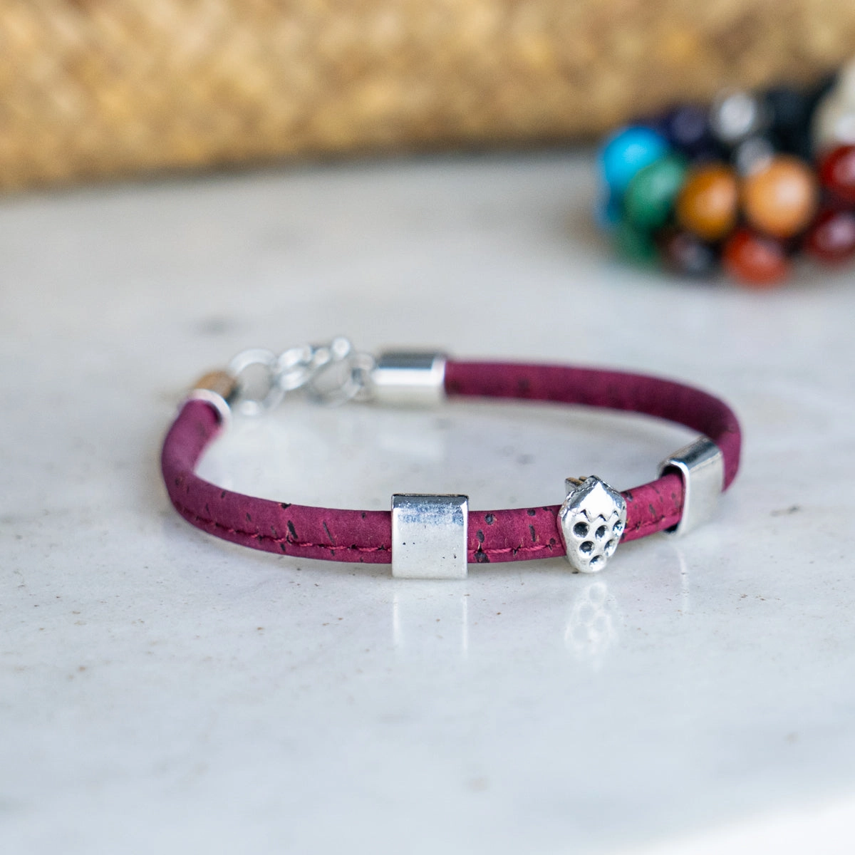 5mm flat colored cork wire and alloy strawberry hardware handmade women's bracelet  BR-504-MIX-5