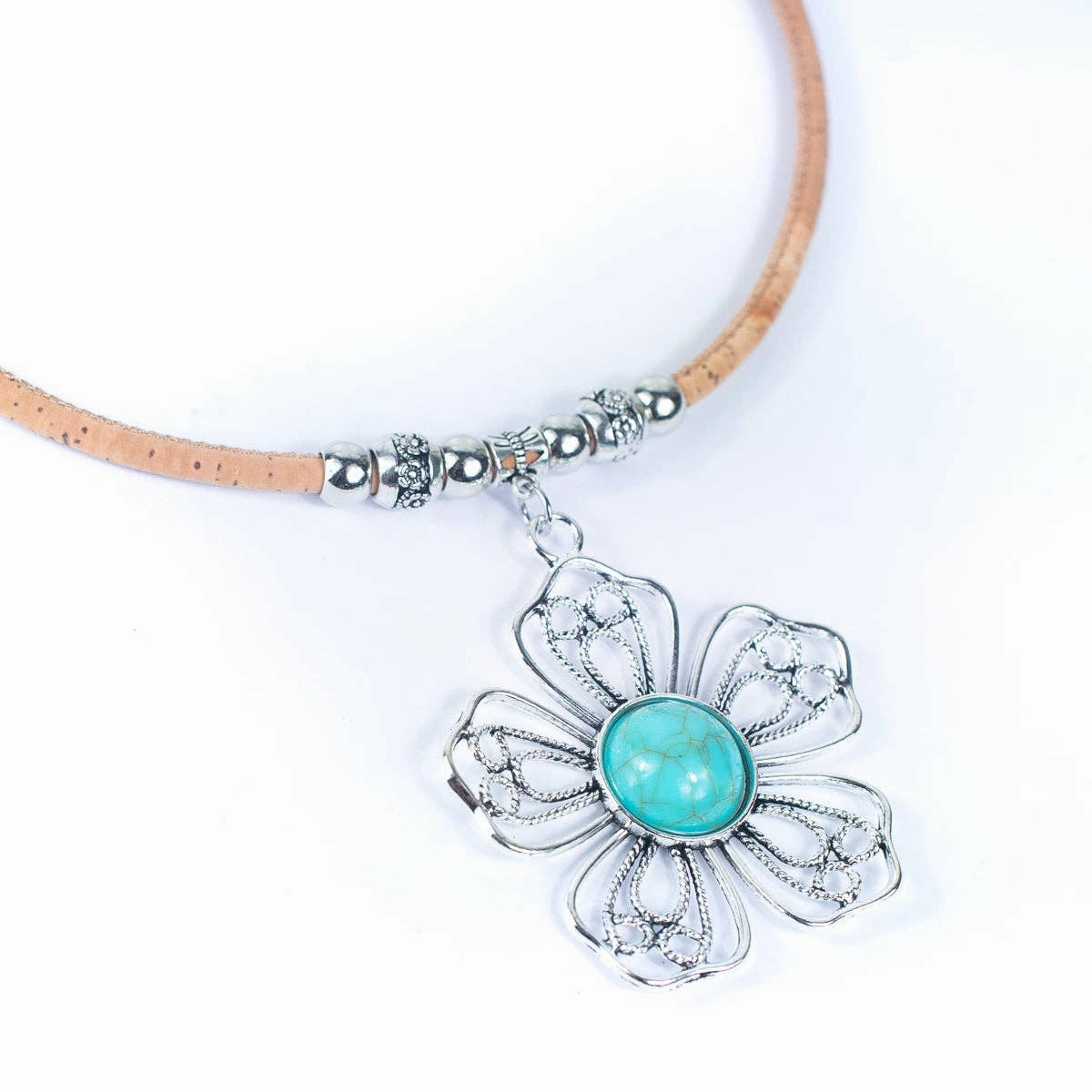 5MM  natural cork with flowers handmade necklace N-192-5