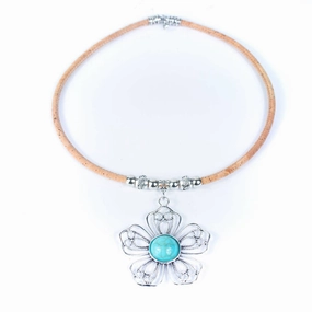 5MM  natural cork with flowers handmade necklace N-192-5