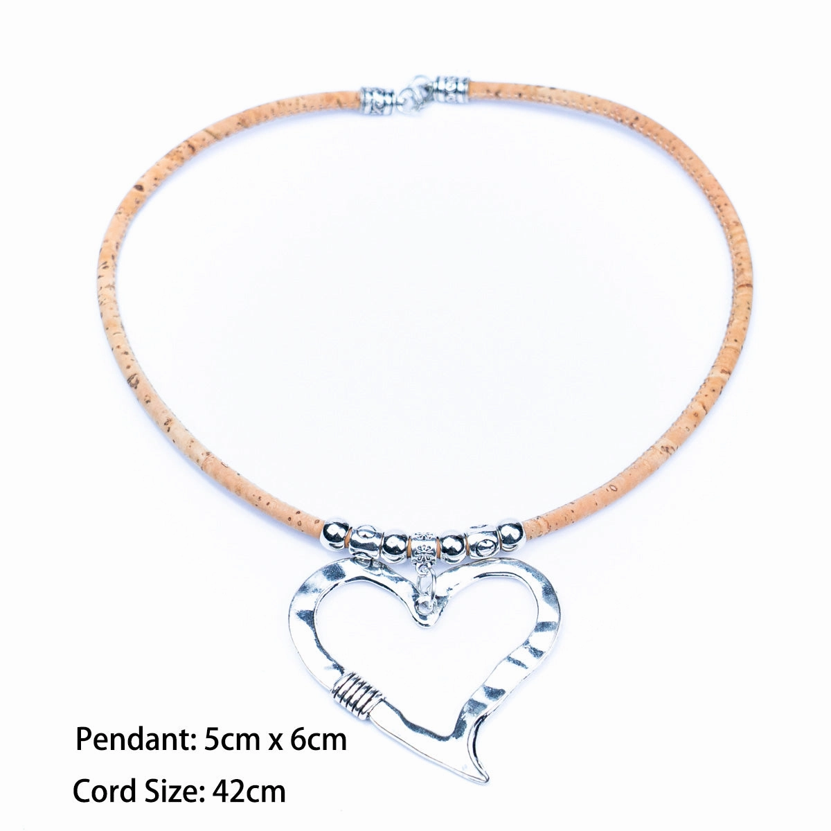 5mm round natural cork with heart pendant Handmade Cork Necklace  N-175-5
