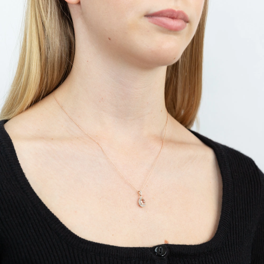 9ct Rose Gold Morganite Pear and 0.15 Carat Diamond Pendant on 45cm Chain
