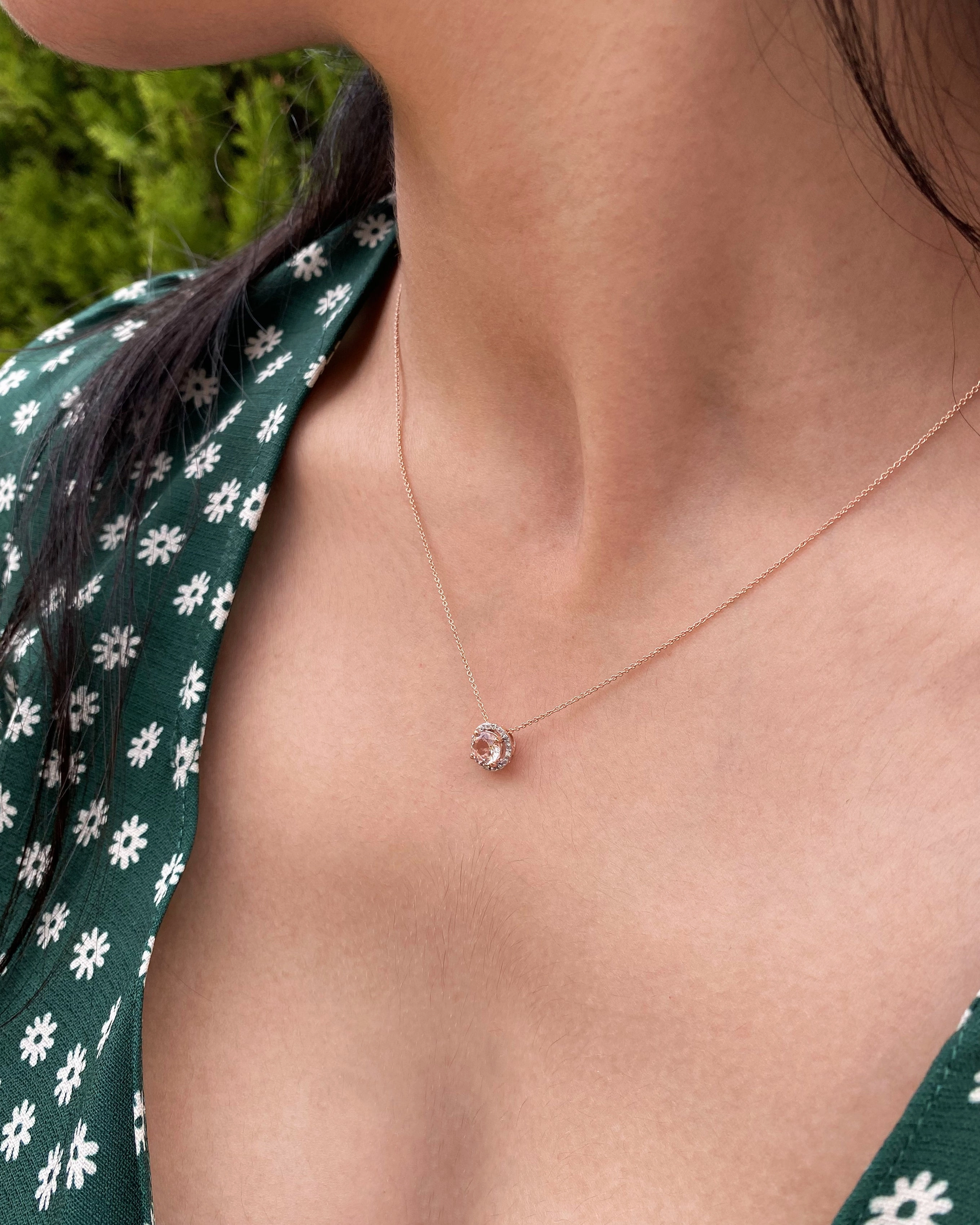 9ct Rose Gold Morganite with Diamond Halo Pendant on 45cm Chain