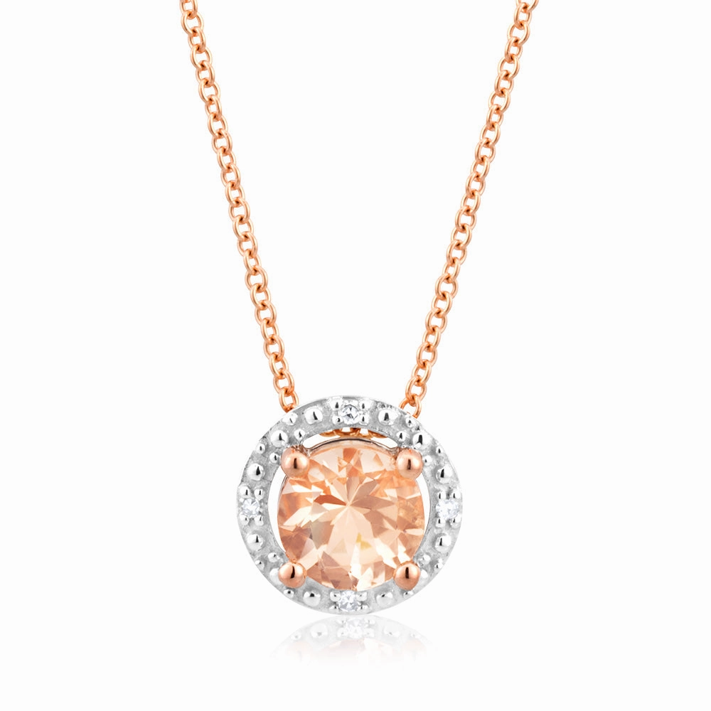 9ct Rose Gold Morganite with Diamond Halo Pendant on 45cm Chain