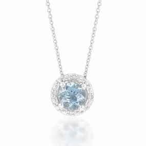 9ct White Gold 0.45ct Aquamarine and Diamond Halo Pendant on 45cm Chain