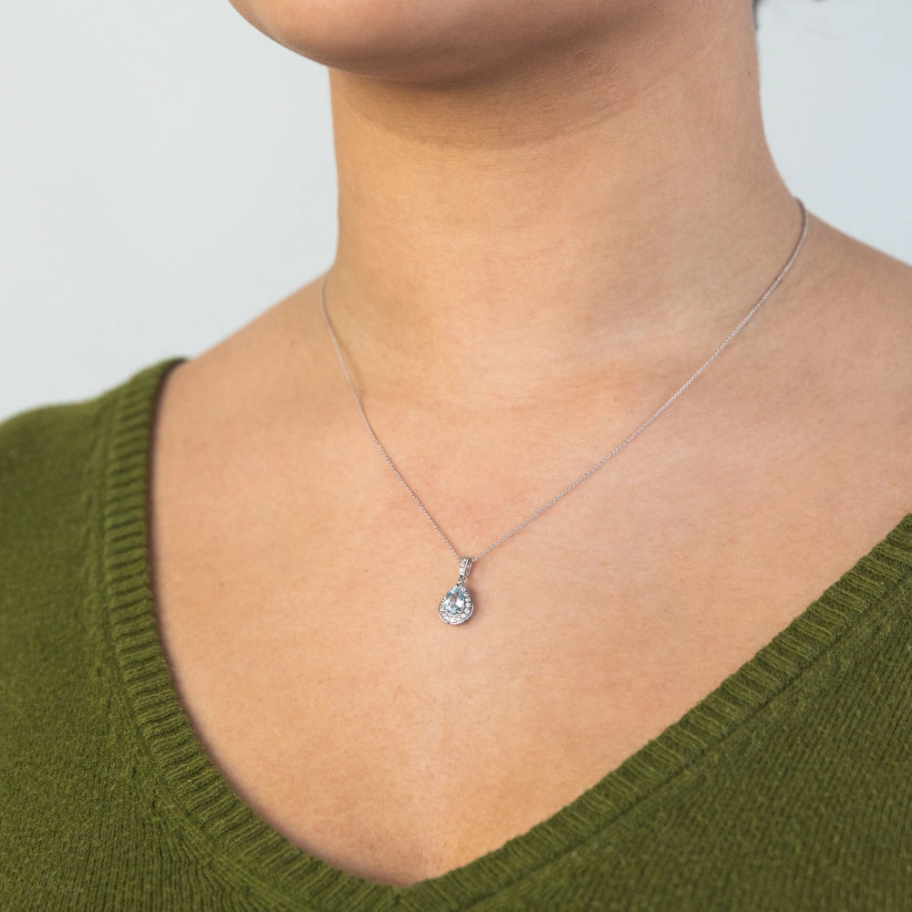 9ct White Gold 0.65ct Aquamarine and 0.15ct Diamond Pear Pendant on 45cm Chain