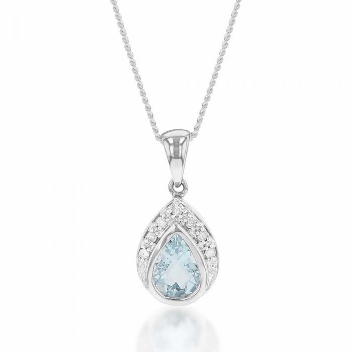 9ct White Gold Aquamarine   7 Diamond Pendant