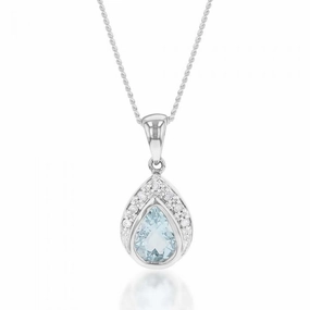 9ct White Gold Aquamarine   7 Diamond Pendant