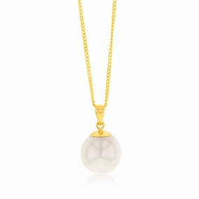 9ct Yellow 11-12mm White South Sea Pearl Pendant on 45cm Chain