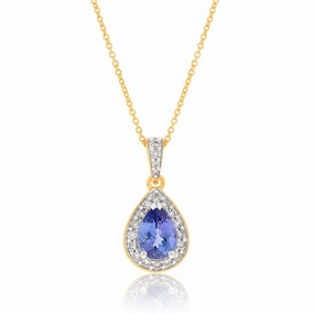 9ct Yellow Gold 0.75ct Tanzanite and 0.15 Carat Diamond Pear Pendant on 45cm Chain