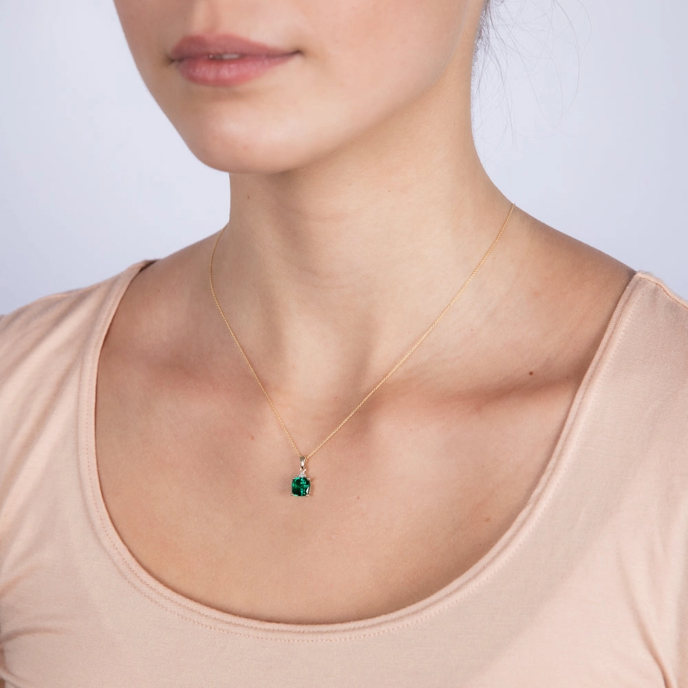 9ct Yellow Gold 1/3ct Created Emerald and Diamond Pendant On 45cm Chain