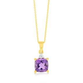 9ct Yellow Gold 1.4ct Amethyst and Diamond Pendant