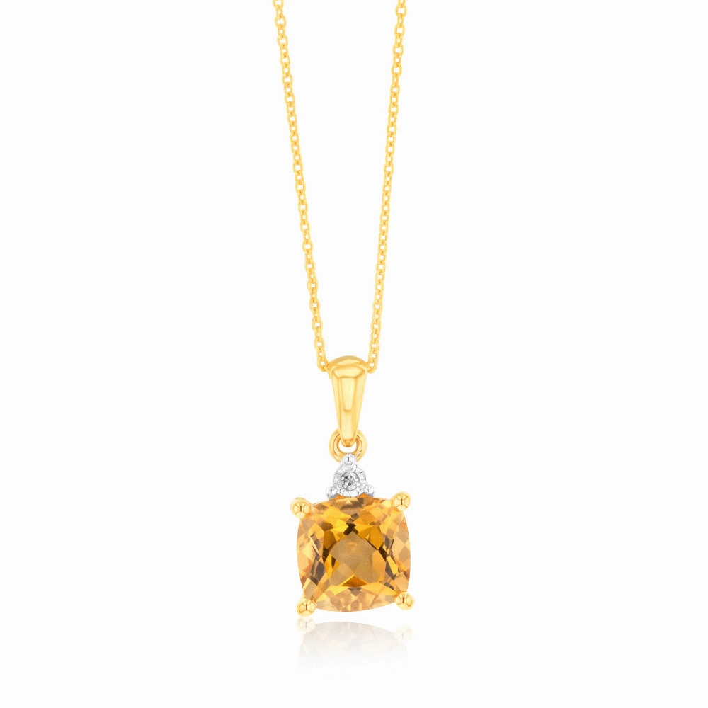 9ct Yellow Gold 1.4ct Citrine and Diamond Pendant On 45cm Chain