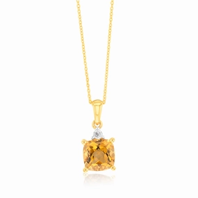 9ct Yellow Gold 1.4ct Citrine and Diamond Pendant On 45cm Chain