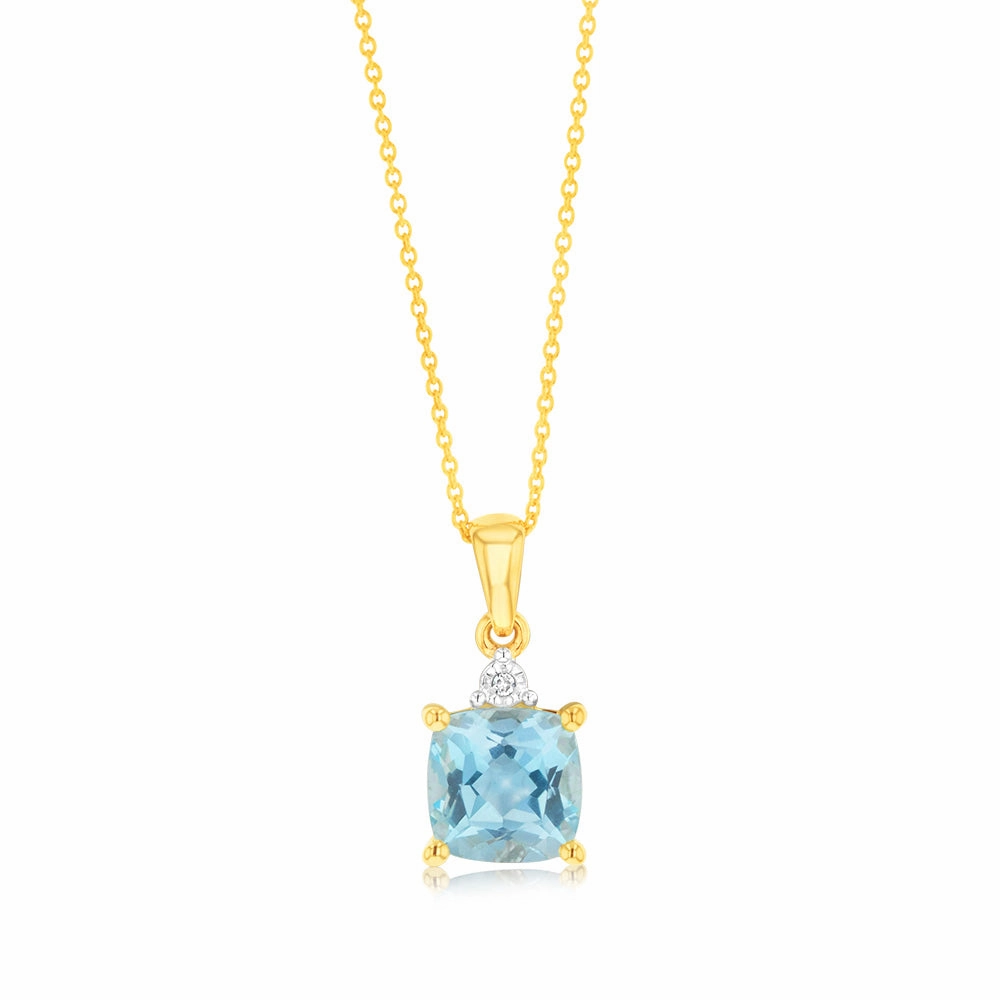 9ct Yellow Gold 1.75ct Sky Blue Topaz and Diamond Pendant on 45cm Chain