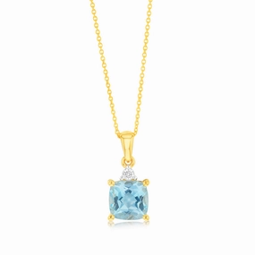 9ct Yellow Gold 1.75ct Sky Blue Topaz and Diamond Pendant on 45cm Chain