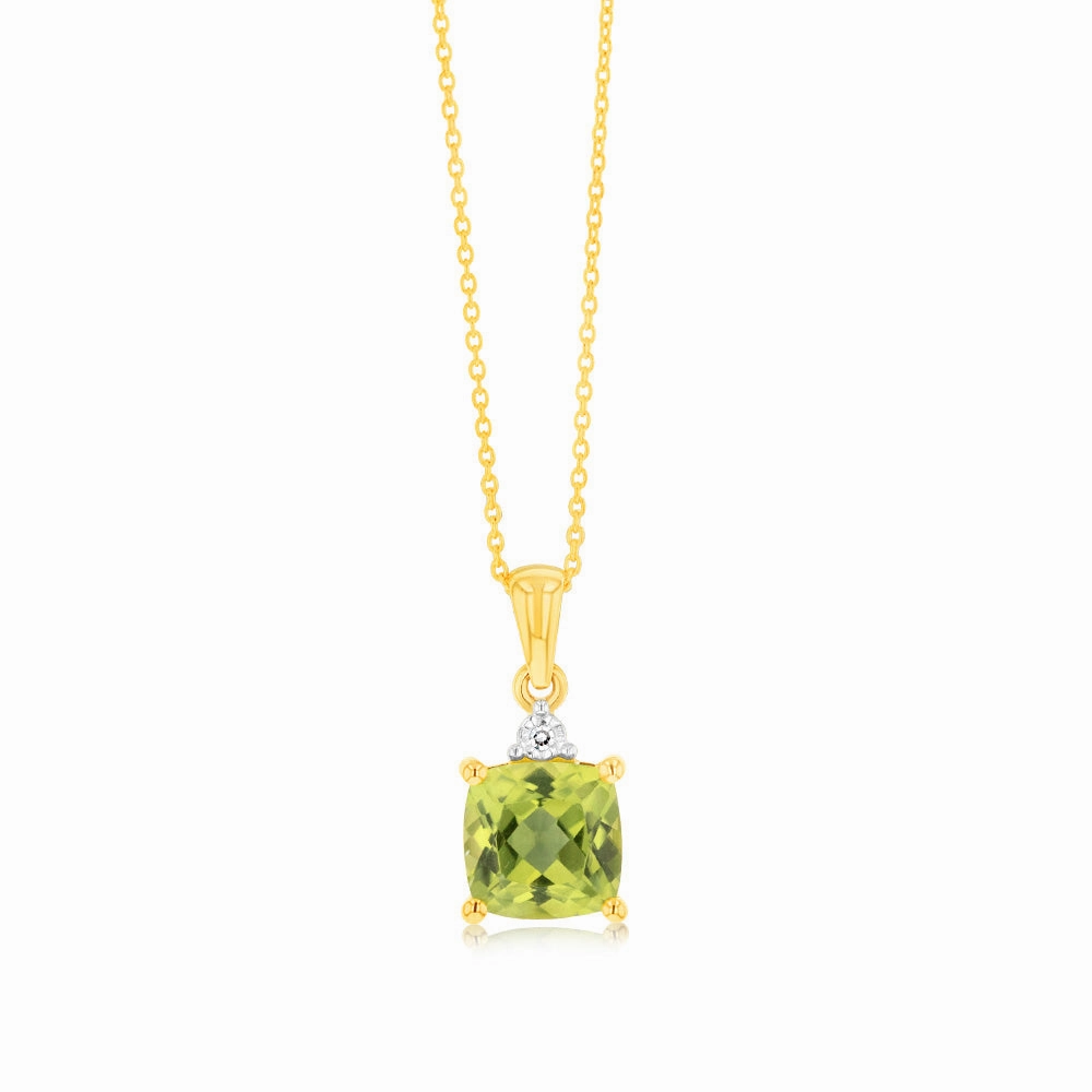 9ct Yellow Gold 1.7ct Peridot and Diamond Pendant On 45cm Chain