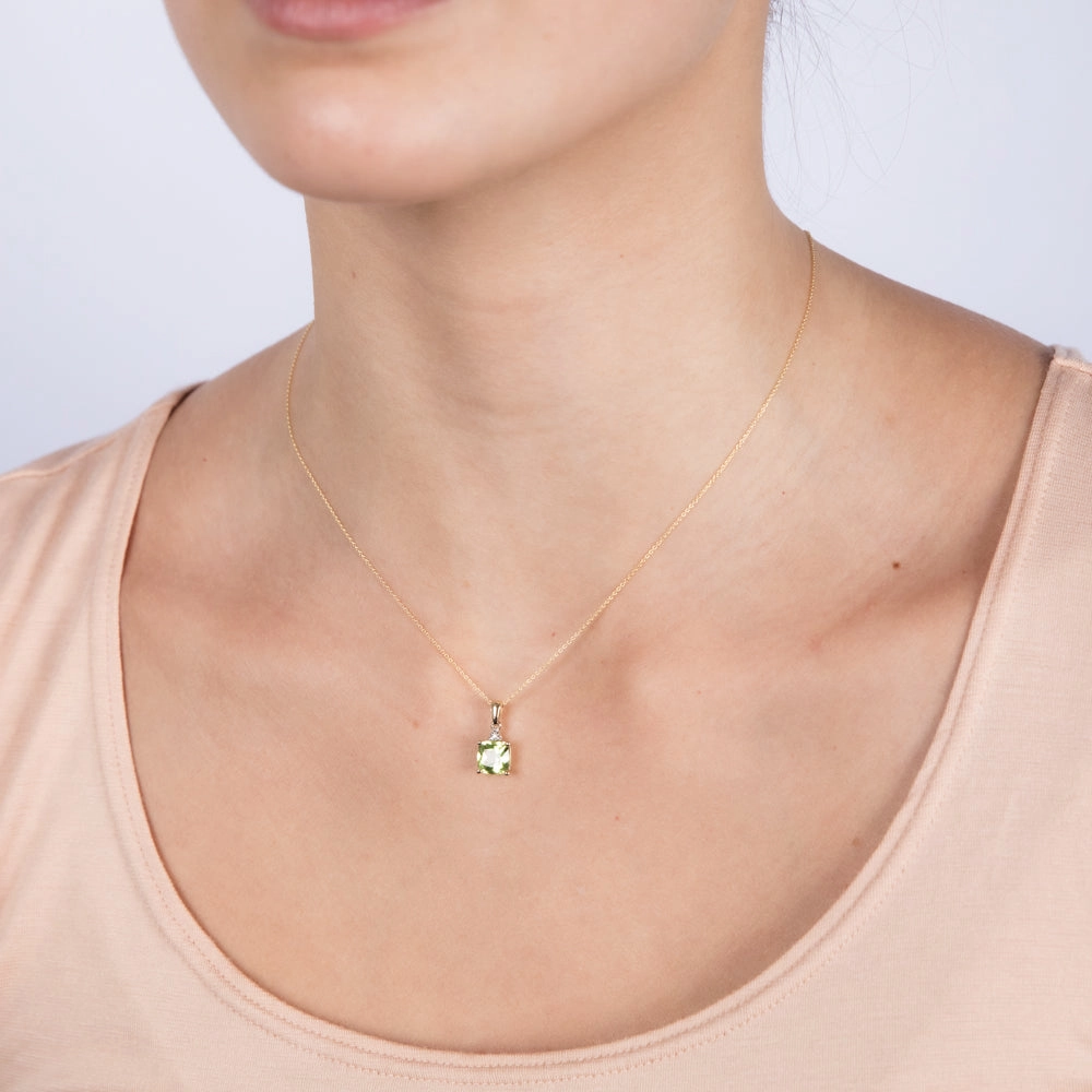 9ct Yellow Gold 1.7ct Peridot and Diamond Pendant On 45cm Chain