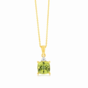 9ct Yellow Gold 1.7ct Peridot and Diamond Pendant On 45cm Chain