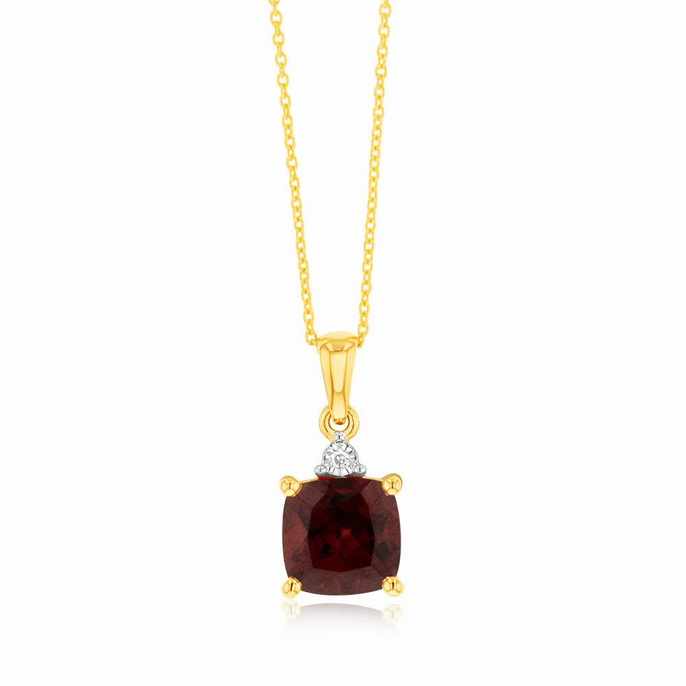 9ct Yellow Gold 1.85ct Garnet and Diamond Pendant on 45cm Chain