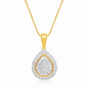 9ct Yellow Gold 1 Carat Diamond Pear Shape Pendant with 62 Diamonds on 9ct 45cm Chain
