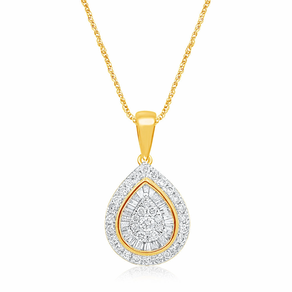 9ct Yellow Gold 1 Carat Diamond Pear Shape Pendant with 62 Diamonds on 9ct 45cm Chain