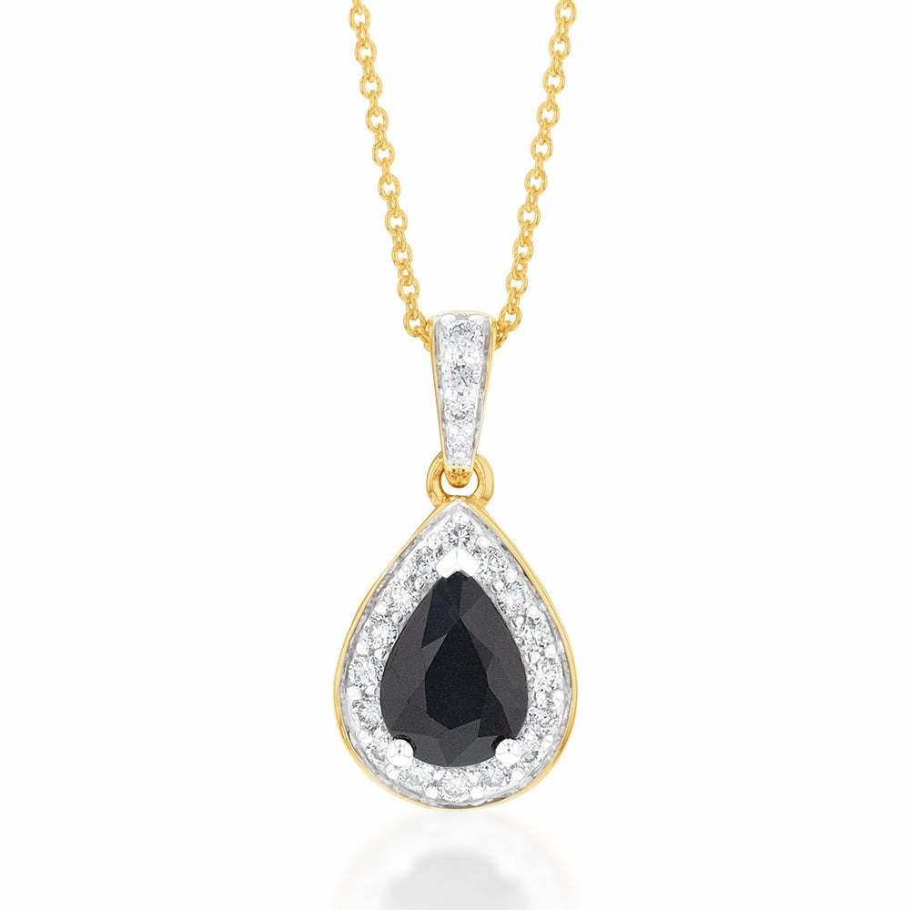 9ct Yellow Gold 1ct Natural Sapphire Pear Halo Pendant with 0.15 Carat Diamond on 45cm Chain