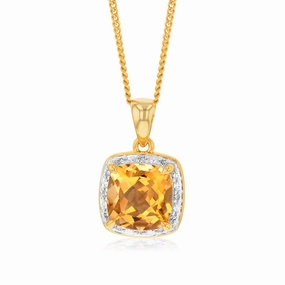 9ct Yellow Gold 2ct Citrine and Diamond Cushion Cut Pendant