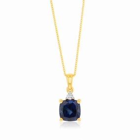 9ct Yellow Gold 2ct Created Blue Sapphire and Diamond Pendant On 45cm Chain