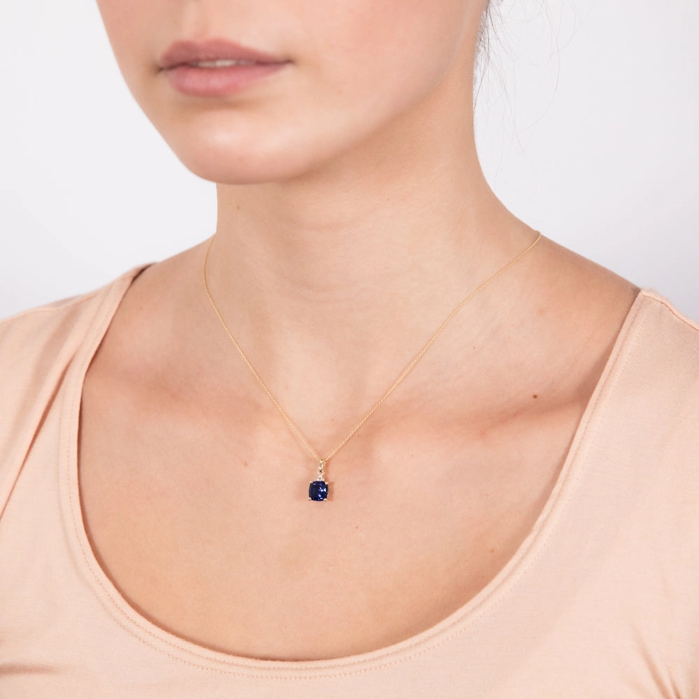 9ct Yellow Gold 2ct Created Blue Sapphire and Diamond Pendant On 45cm Chain