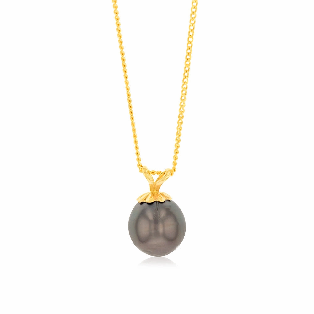 9ct Yellow Gold 8-10mm Tahitian Pearl Pendant on 45cm Chain