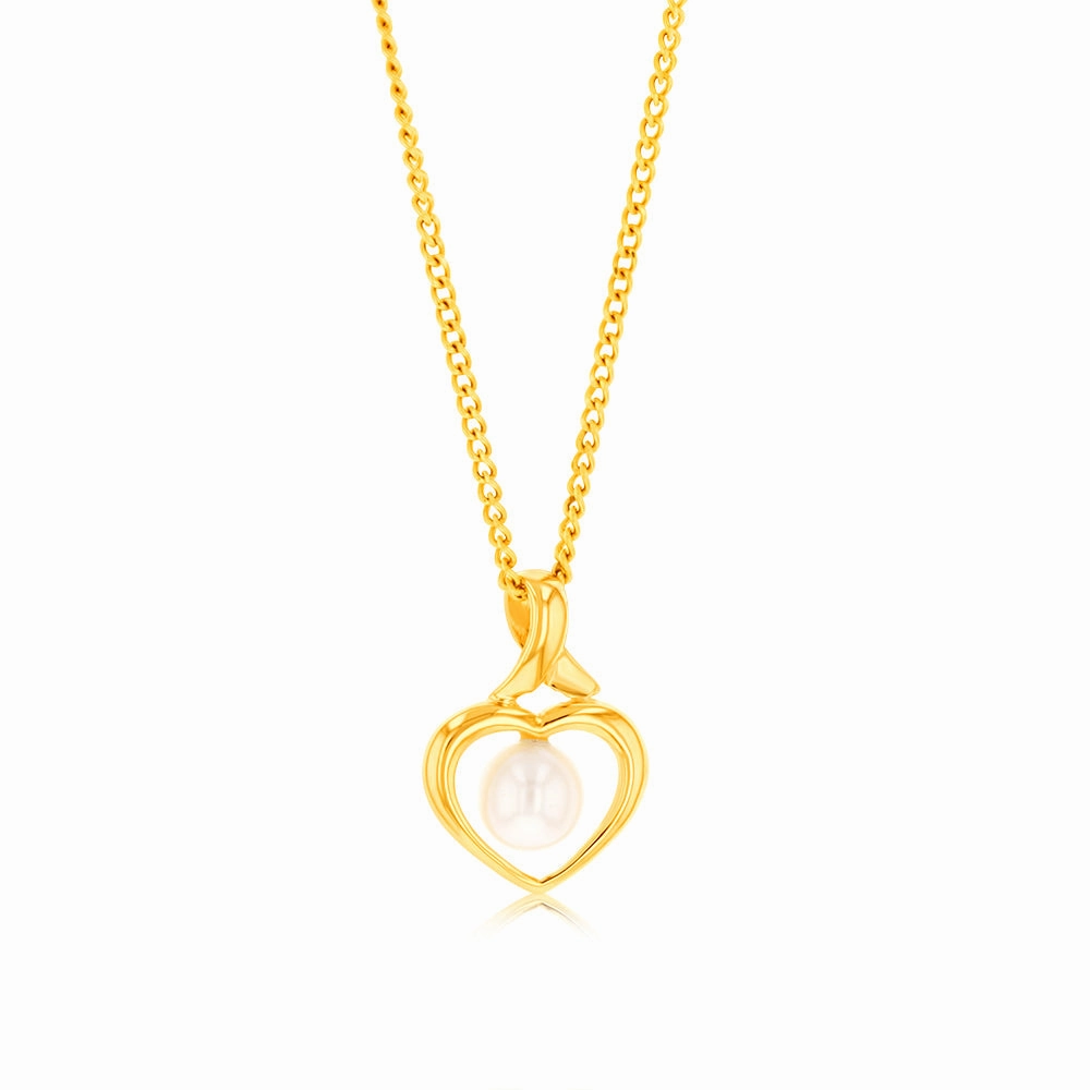 9ct Yellow Gold Created 4.5mm Cultured Pearl Heart Shaped Pendant