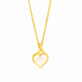 9ct Yellow Gold Created 4.5mm Cultured Pearl Heart Shaped Pendant