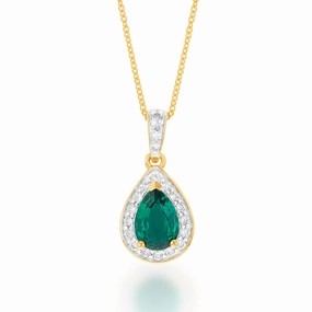 9ct Yellow Gold Created Emerald and 0.15 Carat Diamond Pear Halo Pendant on 45cm Chain