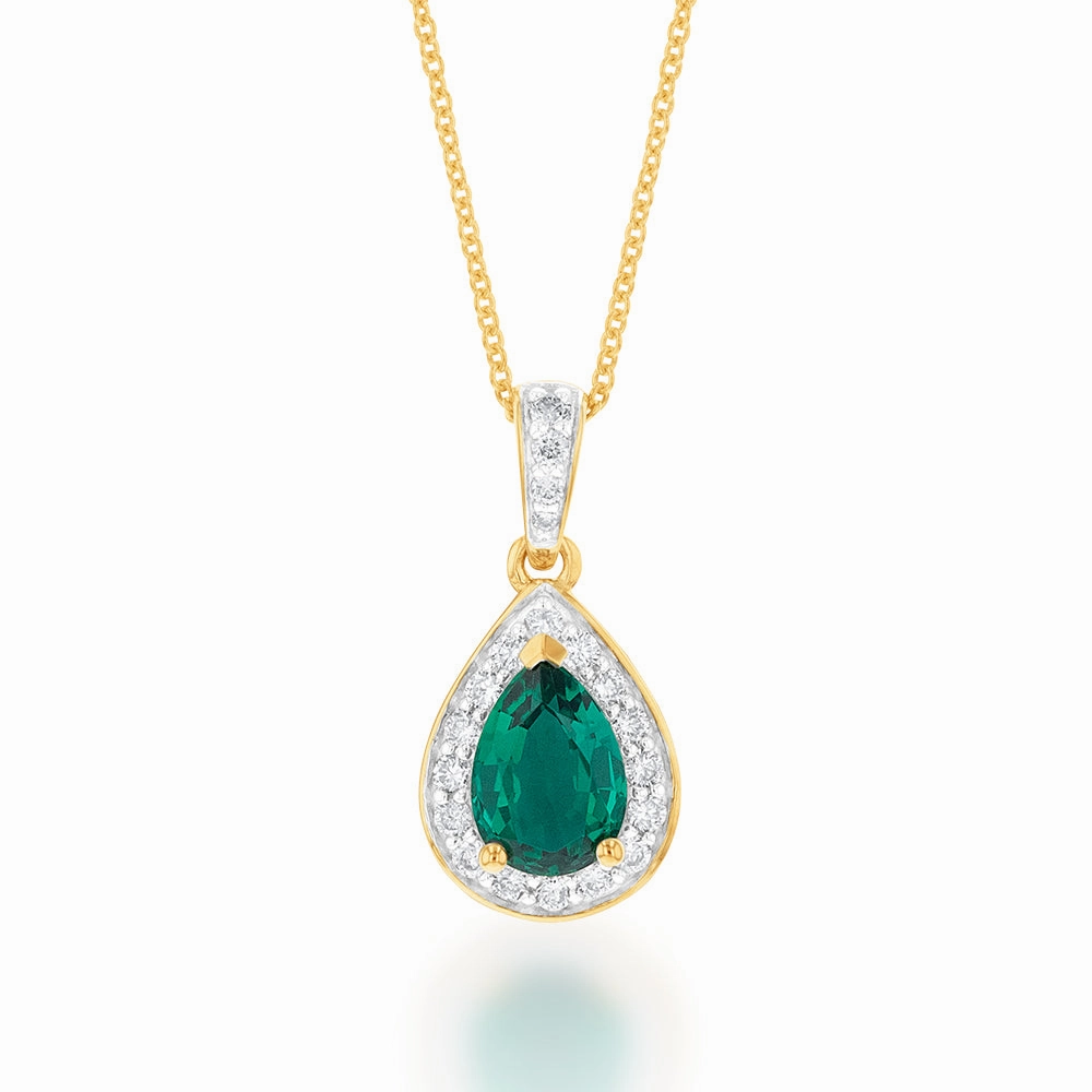 9ct Yellow Gold Created Emerald and 0.15 Carat Diamond Pear Halo Pendant on 45cm Chain