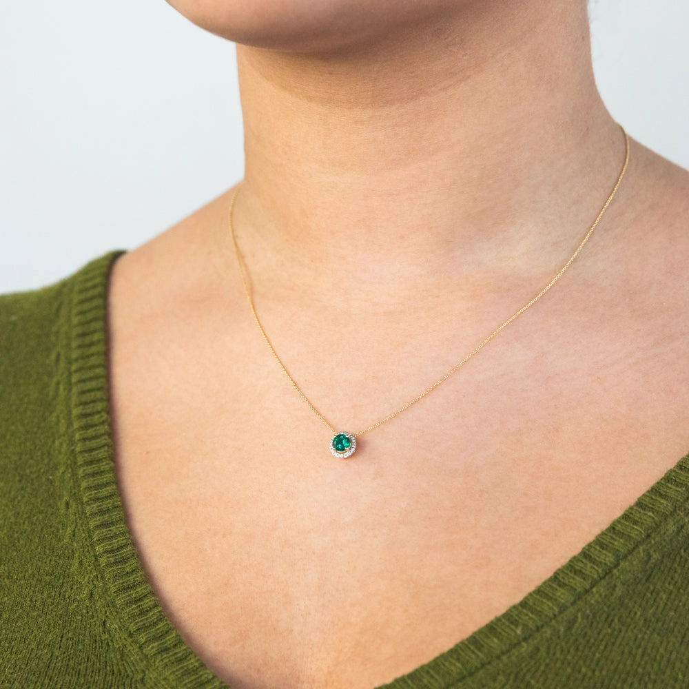 9ct Yellow Gold Created Emerald and Diamond Halo Pendant on 45cm Chain