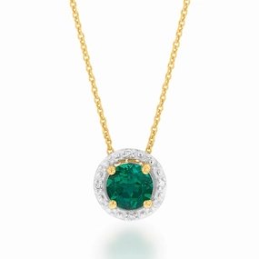 9ct Yellow Gold Created Emerald and Diamond Halo Pendant on 45cm Chain
