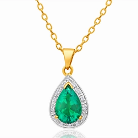9ct Yellow Gold Created Emerald and Diamond Pendant