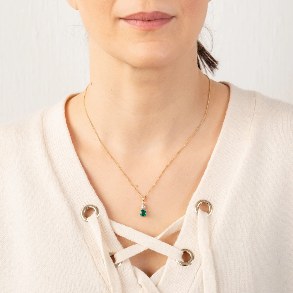 9ct Yellow Gold Created Emerald And Diamond Pendant
