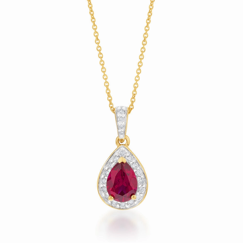 9ct Yellow Gold Created Ruby 0.15 Carat Diamond Pear Halo Pendant on 45cm Chain