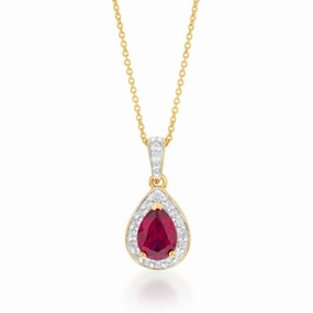9ct Yellow Gold Created Ruby 0.15 Carat Diamond Pear Halo Pendant on 45cm Chain
