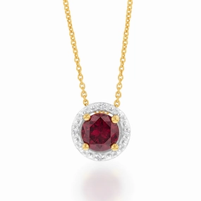 9ct Yellow Gold Created Ruby and Diamond Pendant on 45cm Chain
