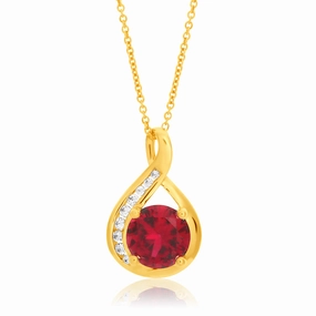 9ct Yellow Gold Created Ruby and Zirconia Pendant On 45cm Chain