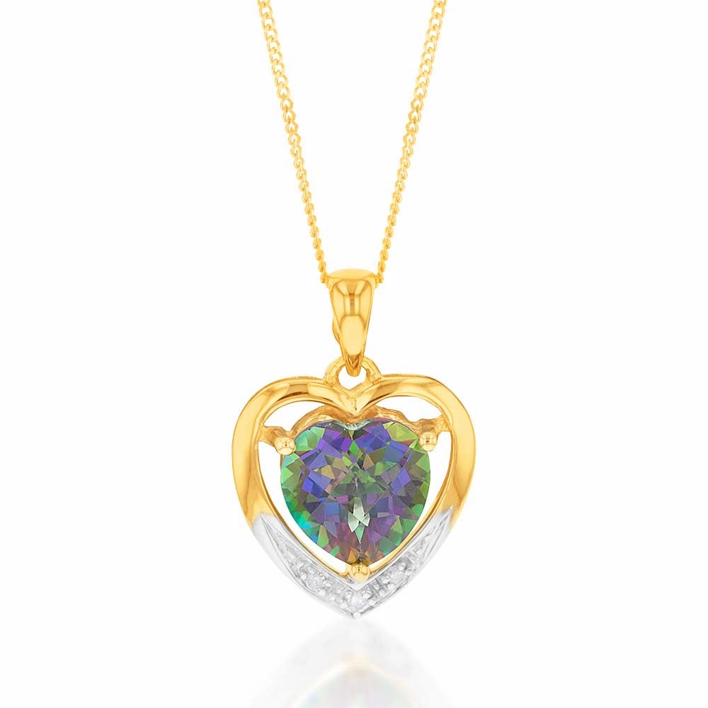 9ct Yellow Gold Enhanced Mystic Topaz and Diamond Heart Pendant on 46cm Chain